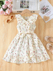 Girls' Summer Floral Sleeveless Dress with Belt for Parties and Beach Outings
