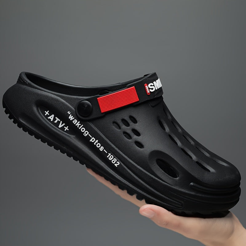 Men's EVA Clogs with Alphabet Design Breathable Slip-On Garden Shoes with Yellow Strap