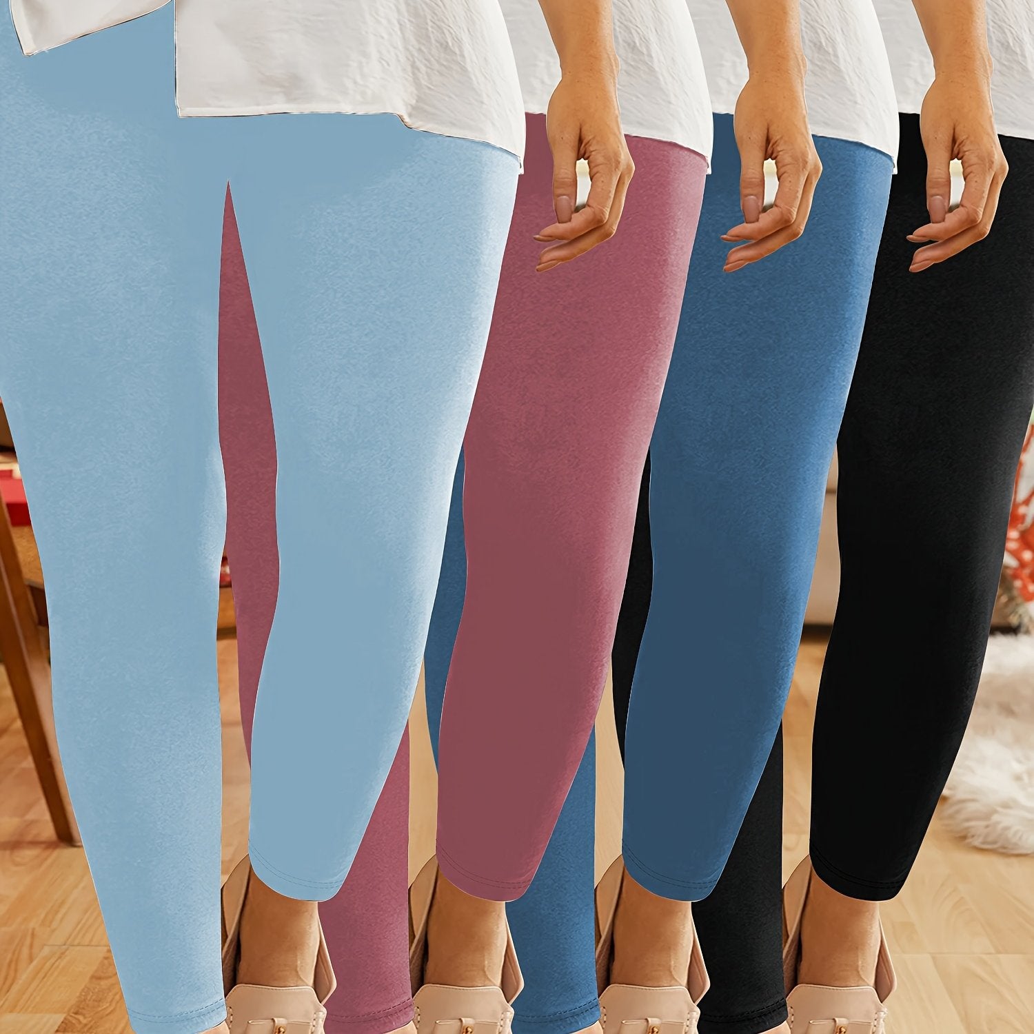 Plus Size Stretchy Capri Leggings High Waist Solid Colors Polyester Elastane