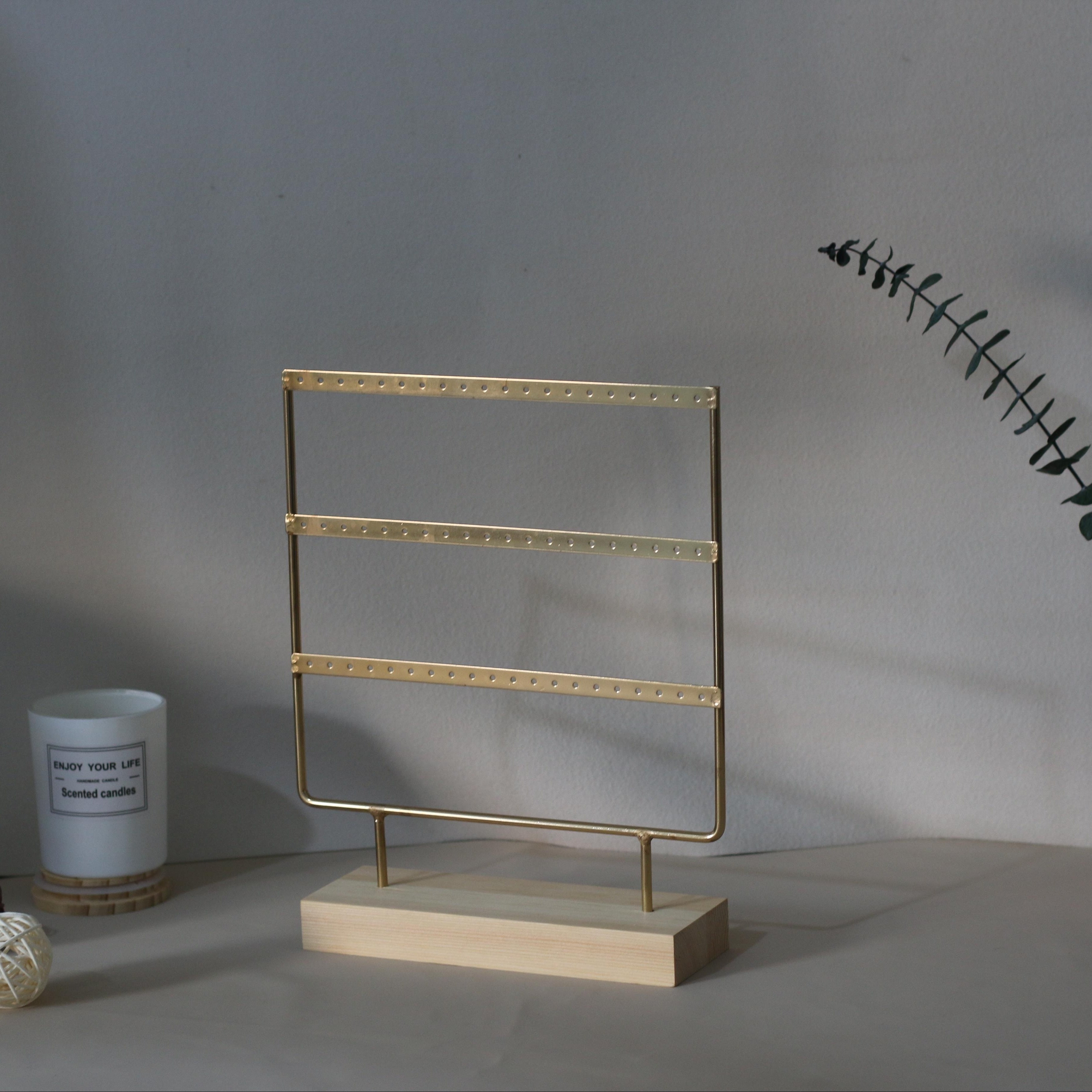 Metal Jewelry Storage Rack with Wooden Base for Earrings Organization
