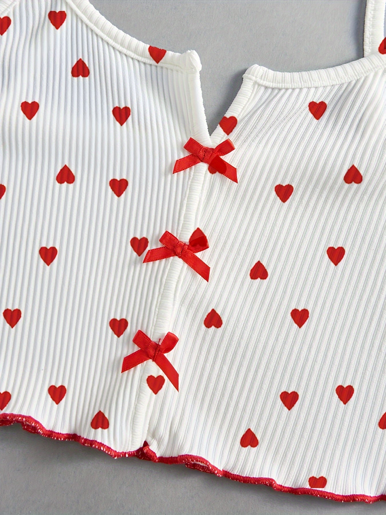 Women's Valentine's Day Heart Print Lounge Set with Lettuce Trim Camisole and Elastic Shorts