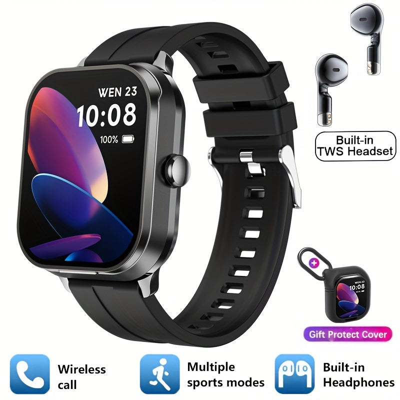 2-in-1 Smart Watch with TWS Earbuds Wireless Charging Large TFT Screen Square Alloy Case Interchangeable Straps Weather Call Date Features