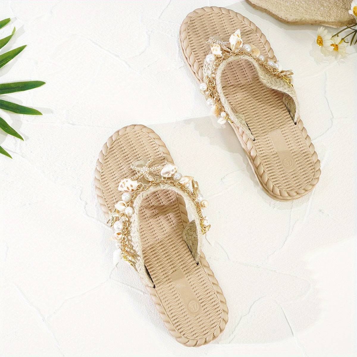 Women's Summer Slip-On Sandals with Braided Jute Straps Shell Charms