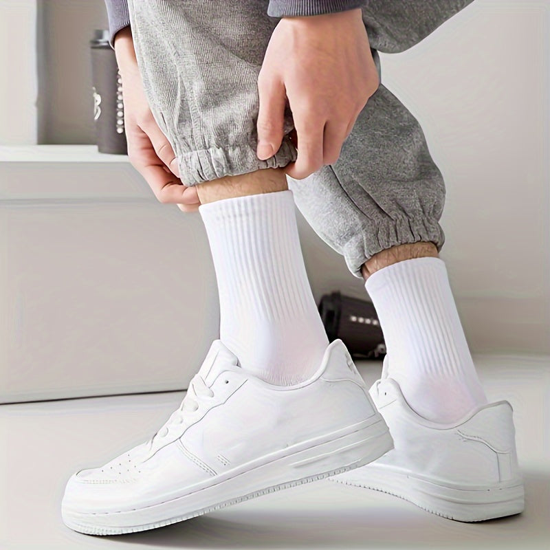 Men's Solid Color Crew Socks 5 Pairs Breathable Anti-Odor Sweat-Absorbing