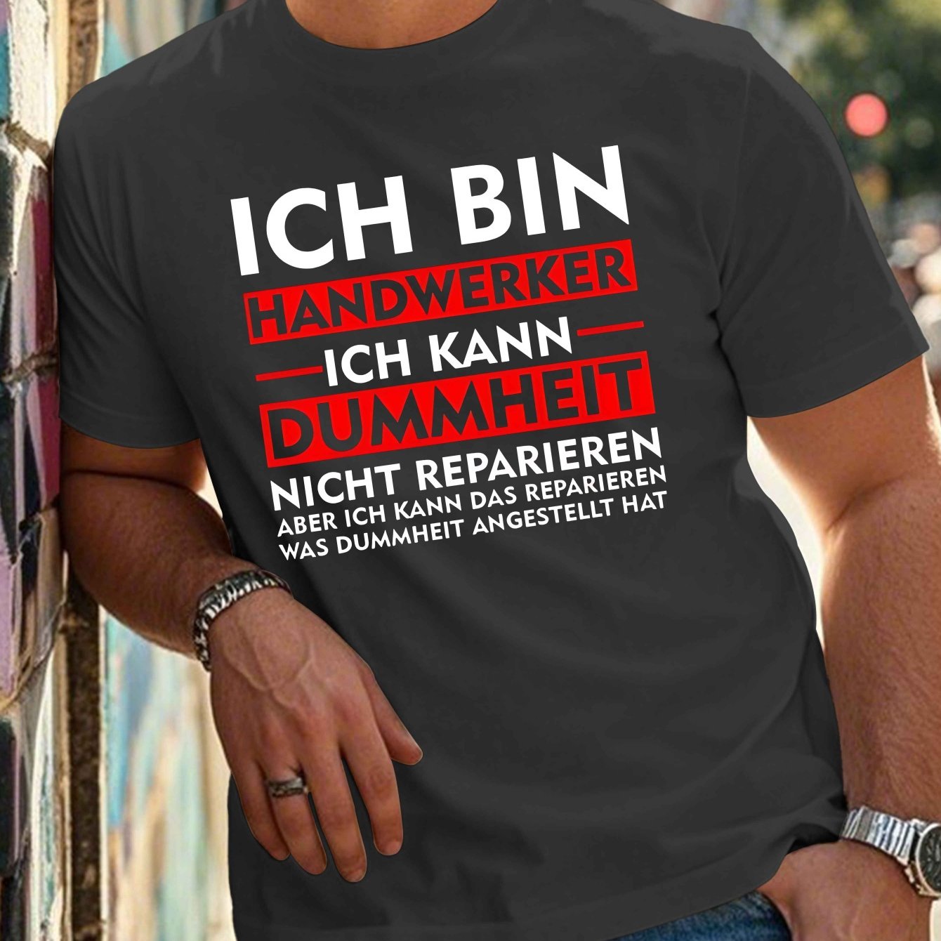 Camiseta de poliéster para hombre talla grande con cita alemana humorística, cuello redondo, verano casual