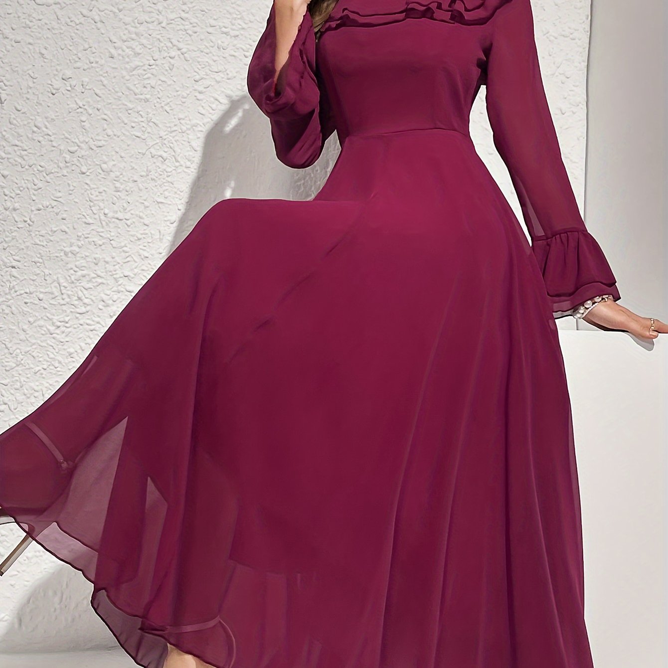 Women's Long Sleeve Polyester Dress with Ruffled Neckline for All Seasons