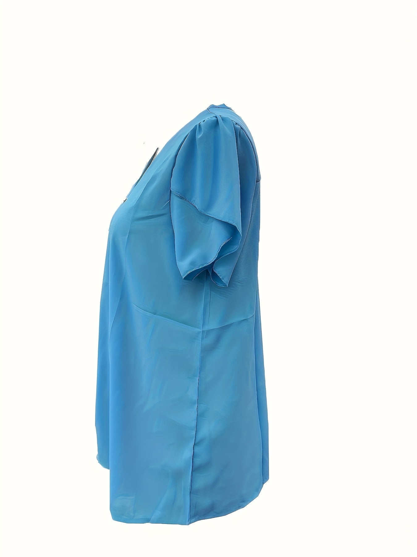 Women's Chiffon V-Neck Blouse with Ruffles Short Sleeves Elastic Waist Solid Color