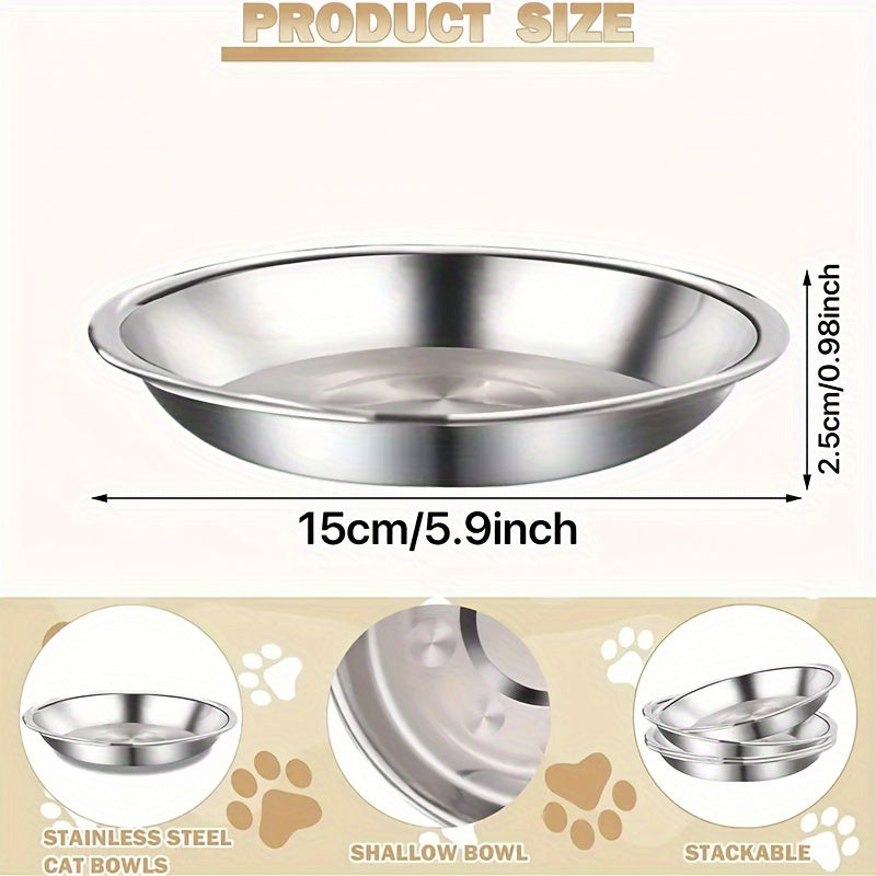 Set of 5 Stainless Steel Cat Bowls Non-Slip Wide Shallow Dishwasher Safe Large Diameter