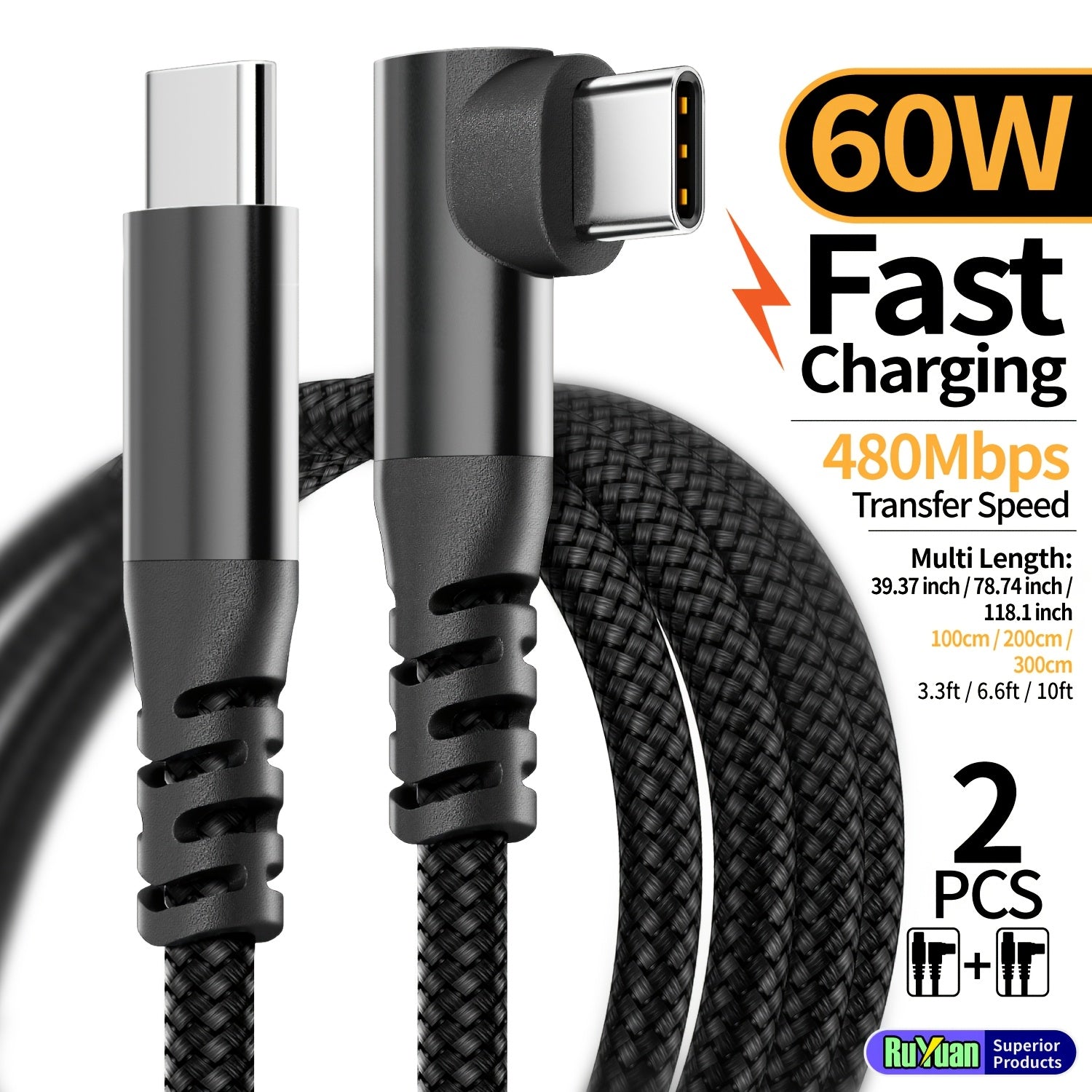 60W USB-C to USB-C Fast Charging Cable 90-Degree Elbow Flat Design for iPhone, iPad, MacBook, Samsung, Xiaomi, OnePlus, Vivo, OPPO 3.05m