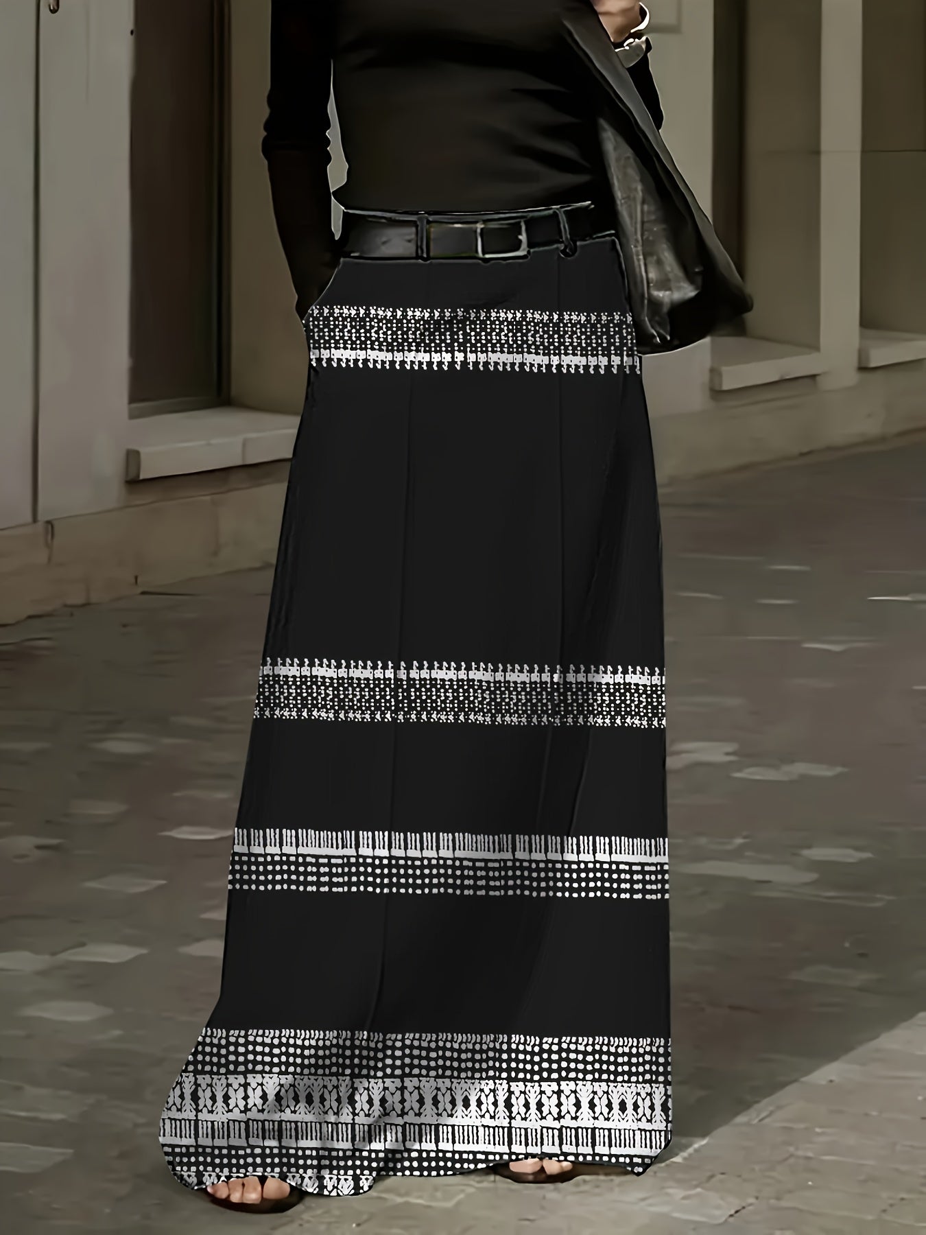 Women's Polyester Midi Skirt with Pockets, Black and White Pattern