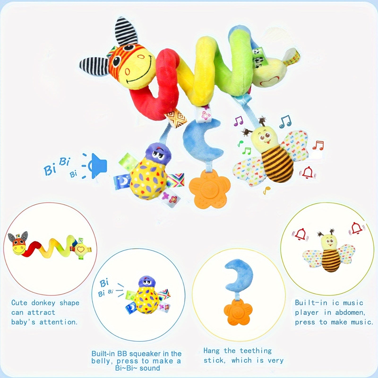 Rang-barang hayvonlar bosma bolalar mobilchasi, polyesterdan yasalgan eshak va hasharot o'yinchoqlari bilan, yuviladigan, beşikka o'rnatiladi, 0-3 yoshdagi chaqaloqlar uchun