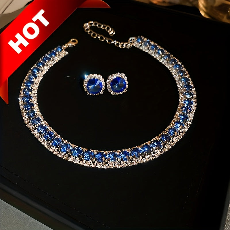 Emerald Crystal Jewelry Set for Women Necklace and Earrings Silver Plated Party Everyday