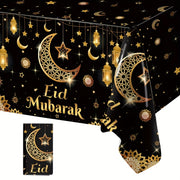 Eid Mubarak Tablecloth Black Gold Moon Star Lantern Design 130x220cm Plastic
