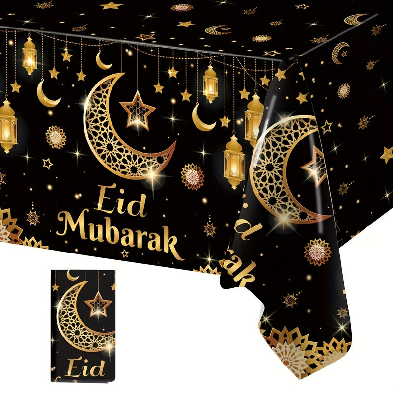 Eid Mubarak Tablecloth Black Gold Moon Star Lantern Design 130x220cm Plastic