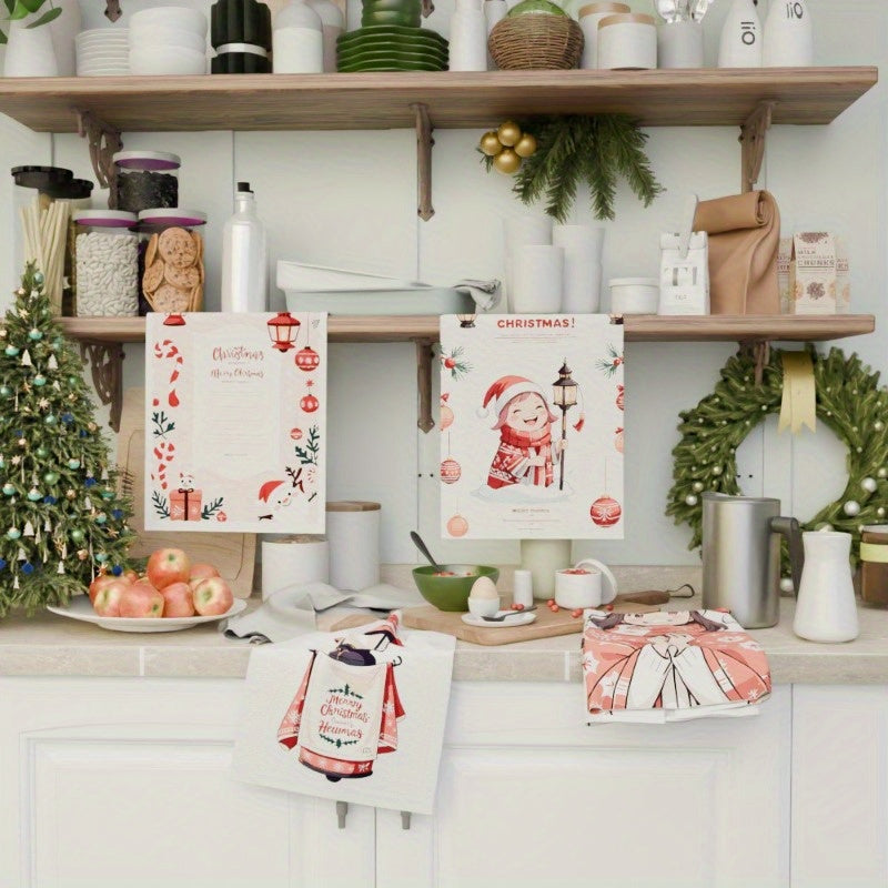 Set of 4 Christmas Kitchen Towels Snowflake Tree Decor 18x66 cm