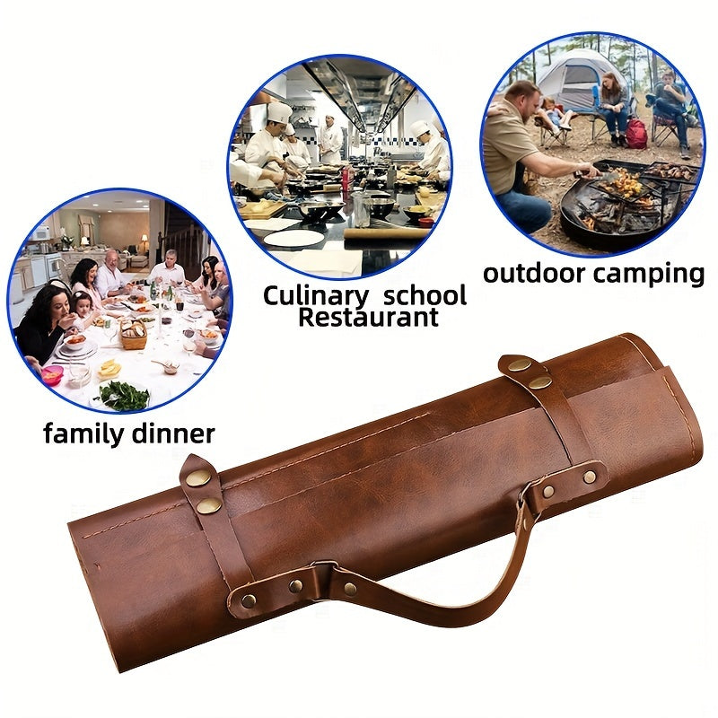 Leather Chef Knife Roll Bag Portable Folding Kitchen Tool Organizer