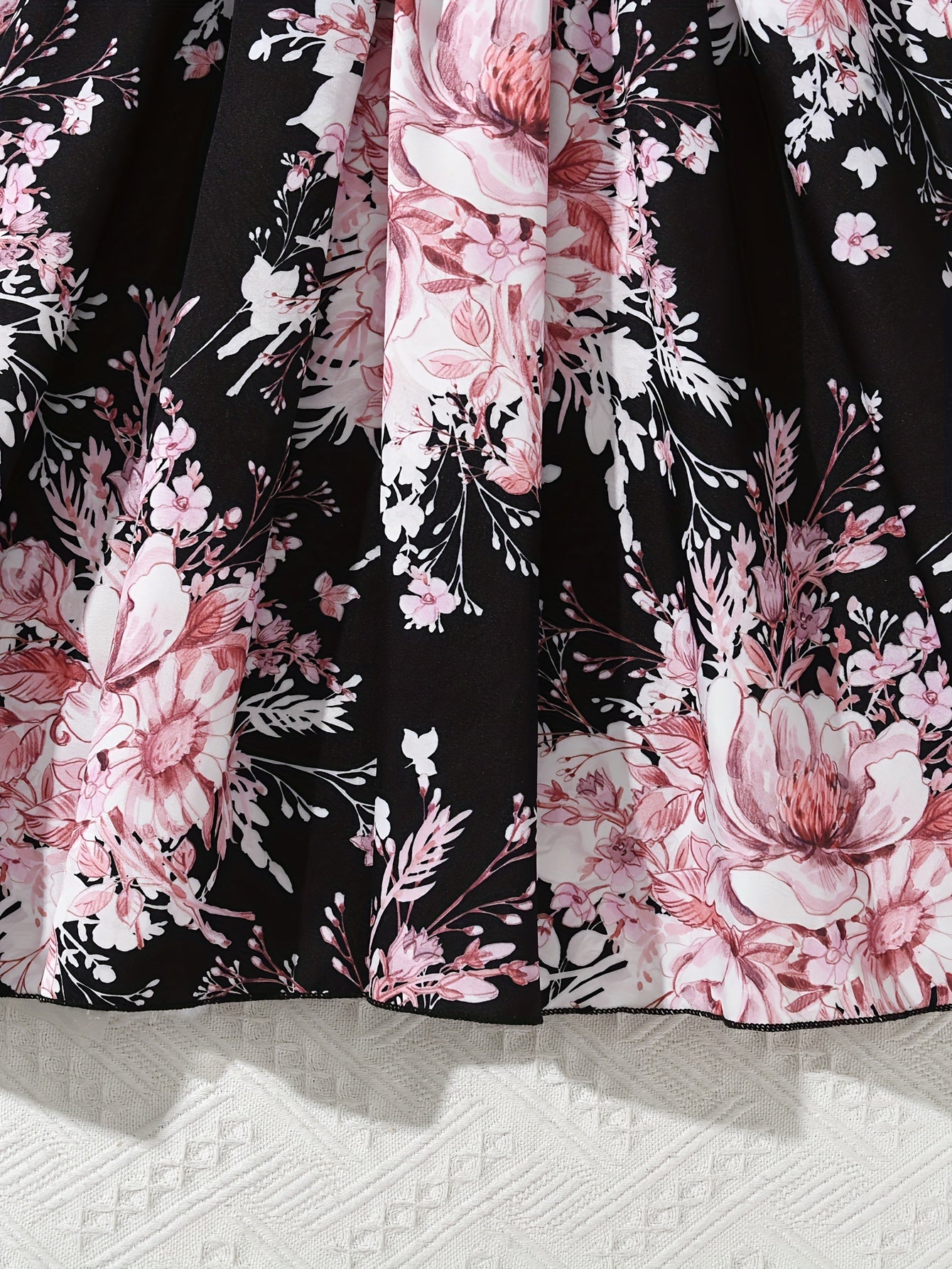 Girls Summer Blue Floral Spliced Knee High Dress with Belt and Short Sleeves