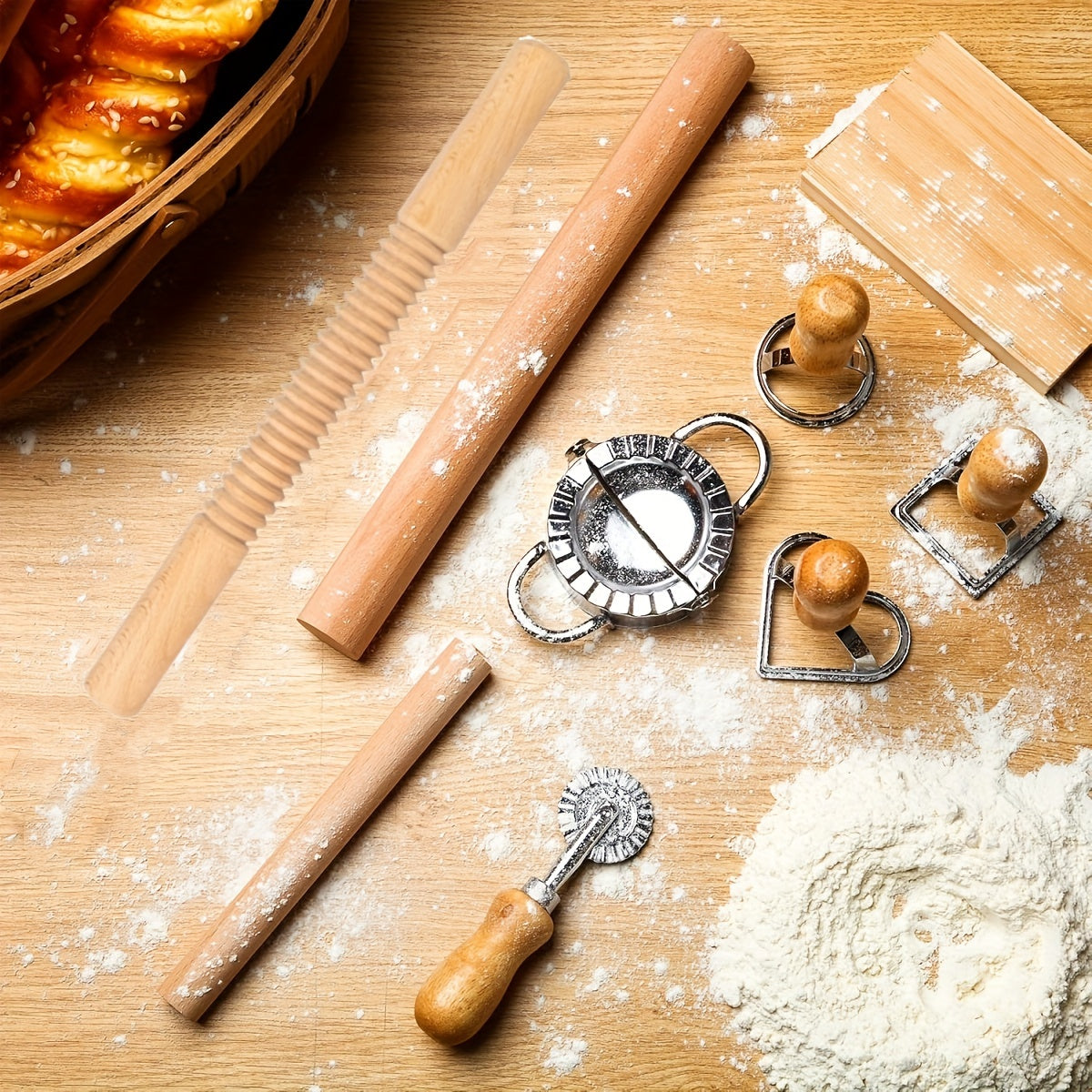 Set of 9 Pasta Making Tools Including Gnocchi Board Noodle Cutter and Ravioli Stamp