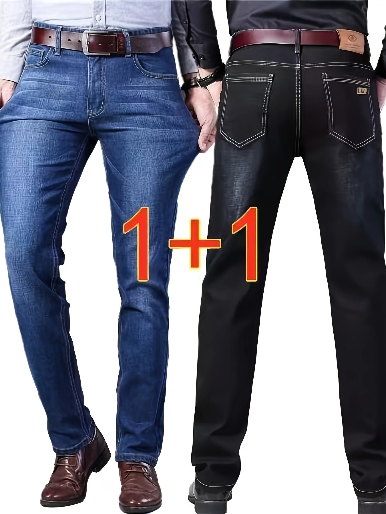 Men's Black Denim Trousers Set for Spring and Autumn Regular Fit All-Season