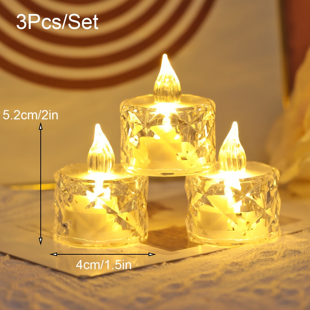 Set of 3 Crystal Pattern LED Flameless Tea Candle Lights for Home Decor Weddings Parties and Festivals