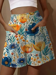 Шорты для женщин больших размеров с рюшами на талии, повседневные, с цветочным принтом и художественным дизайном