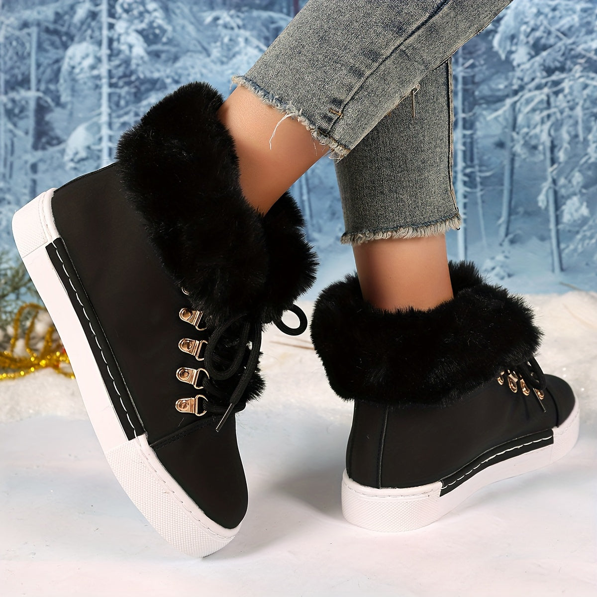 Women's Plush-Lined Winter Sneakers with Tiger Buckle in Black Pink