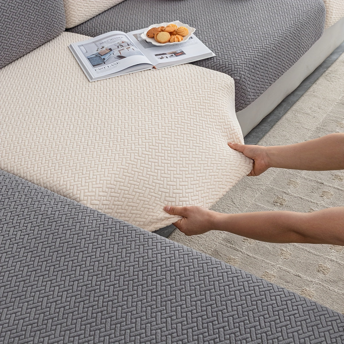 Checkered Pattern Polar Fleece Sofa Cover Boho Style Stretch Fabric Stain and Pet Scratch Protection