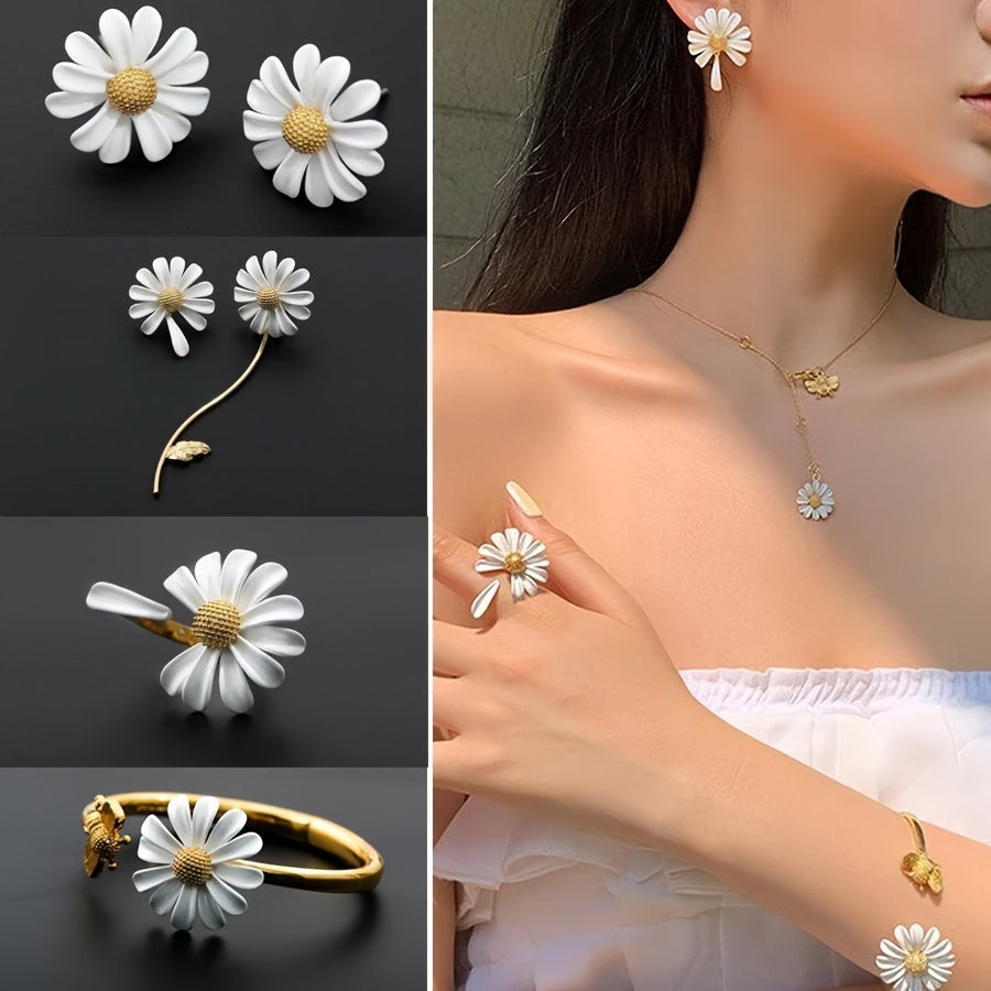 Daisy Flower Jewelry Set Stainless Steel Earrings Necklace Ring Bangle for Women