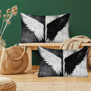 Set of Two Black and White Angel Wings Pillow Covers Polyester Square Cushion Cases Zipper Closure for Sofa Bed Outdoor