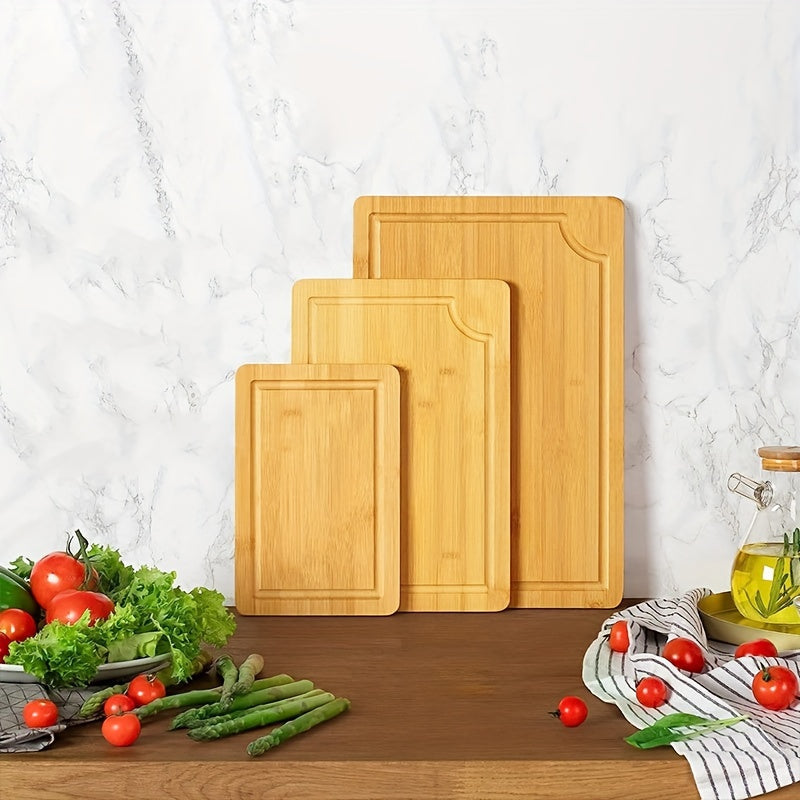Set of 3 Bamboo Cutting Boards with Juice Grooves and Handles for Kitchen