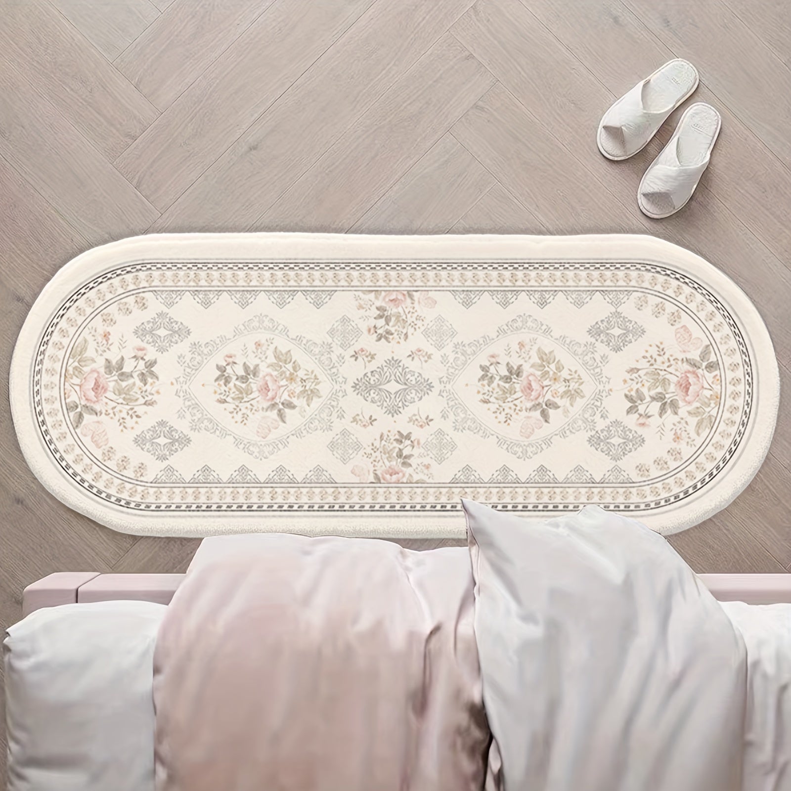 Yumshoq va sirpanmaydigan plush gullar naqshli oval yotoq yonidagi gilam - Yotoqxona, yashash xonasi va divan uchun bezakli pol mato - Ferma uy bezaklari va estetik ichki san'at materiallari uchun mukammal