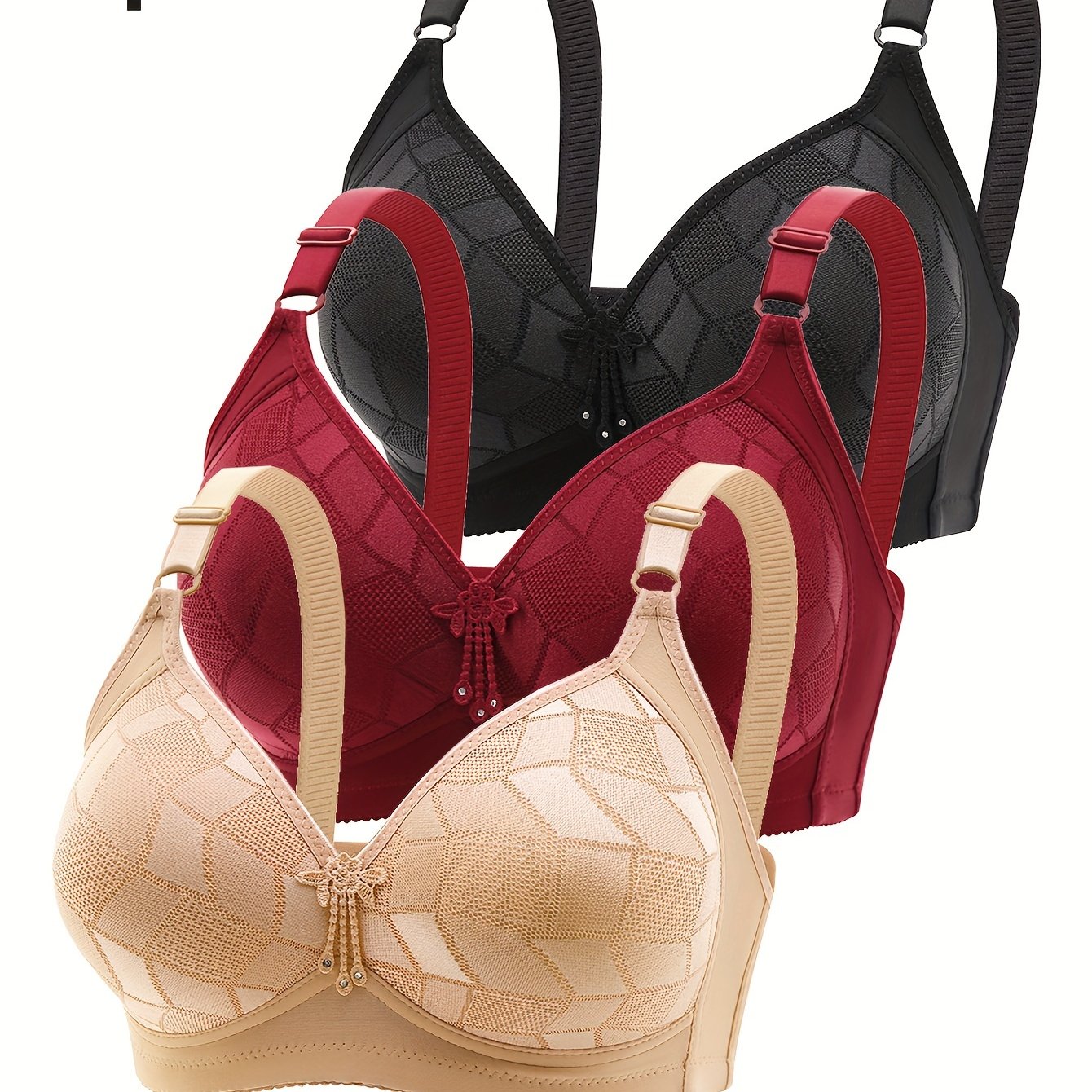 3 dona Ayollar uchun Plus Elegant Bra, Geometrik naqsh va Push Up dizayni bilan