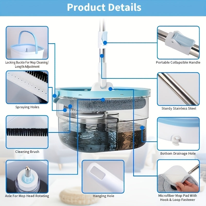 Hands-Free Rotating Mop and Bucket Set with Microfiber Pads for Wet and Dry Cleaning