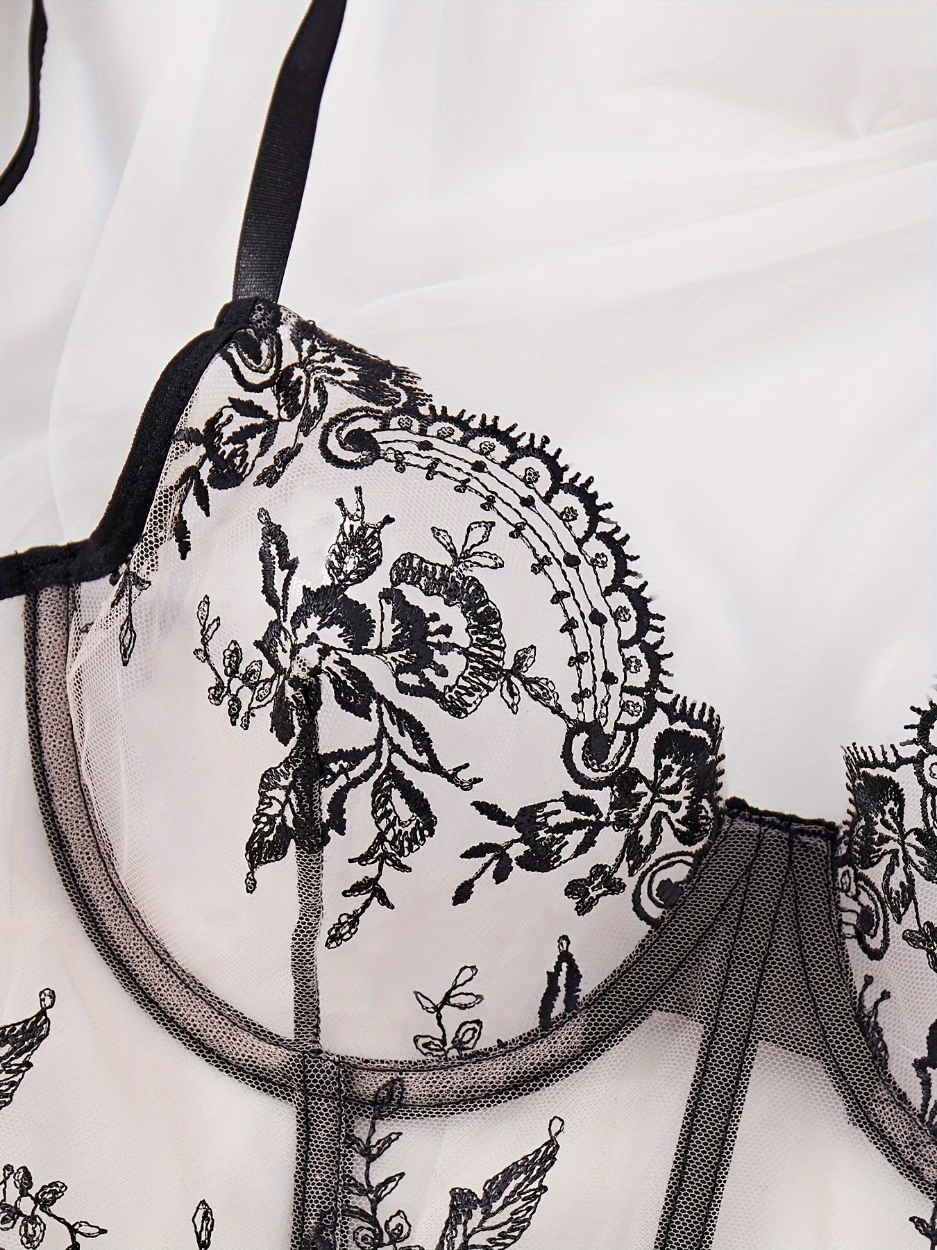 Women's Floral Embroidered Lingerie Set with Semi-Sheer Bustier and Thong