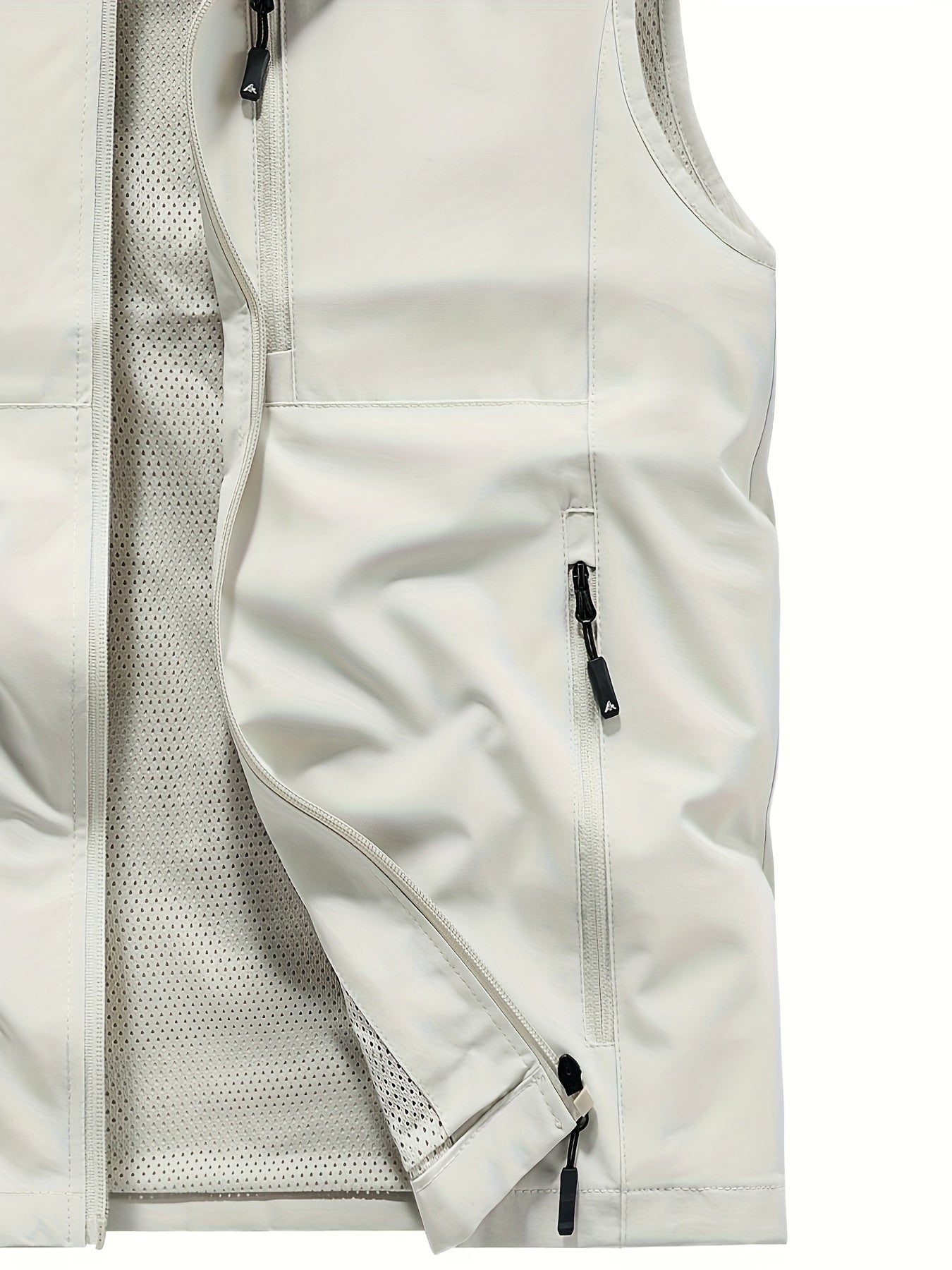 Erkaklar uchun polyester yengsiz jilet: Qora, ko'p cho'ntakli dizayn, fermuar yopilishi, to'rli astar - Bahor/Kuz ochiq havoda kiyish uchun ideal.