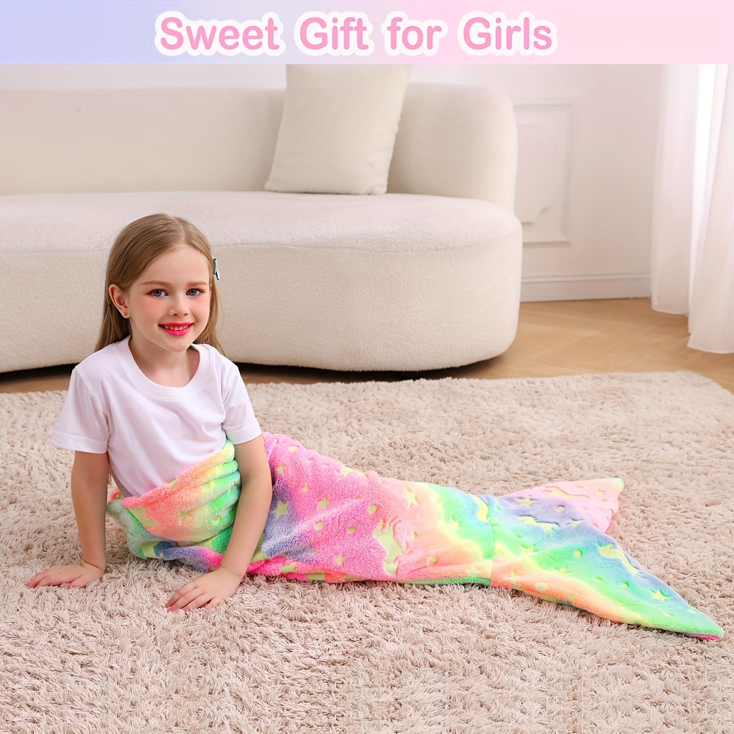 Kids Girls Rainbow Unicorn Mermaid Tail Blanket Flannel Glow-in-the-Dark Cozy