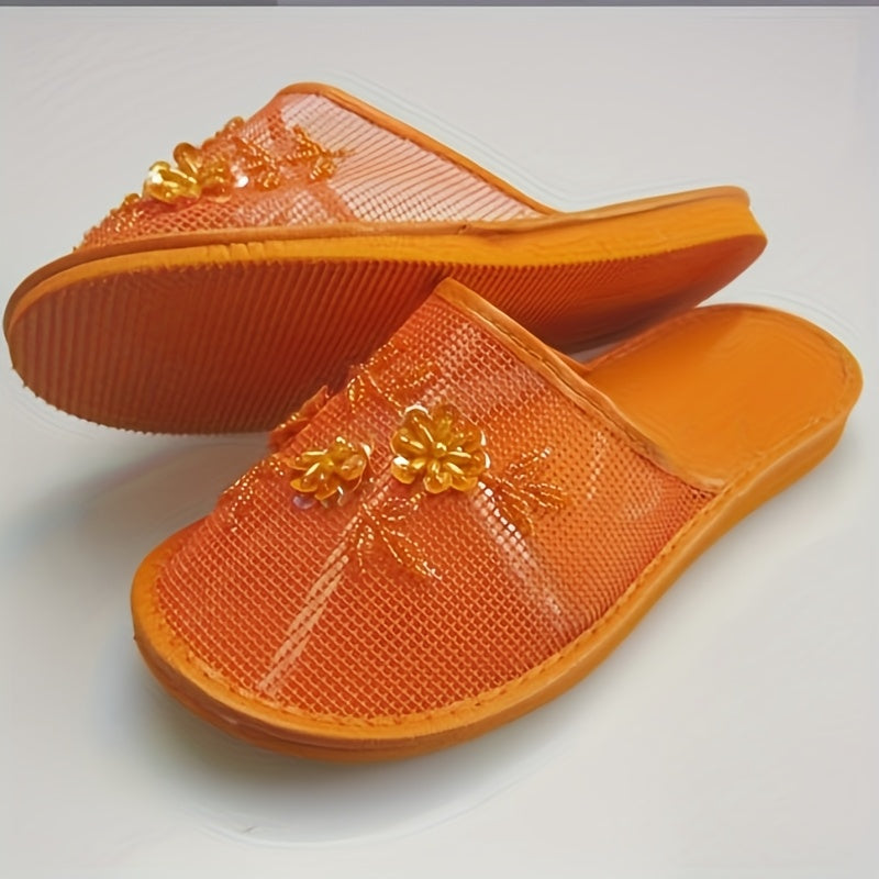 Women's Flat Sandals With Flower Sequins and Beaded Detail