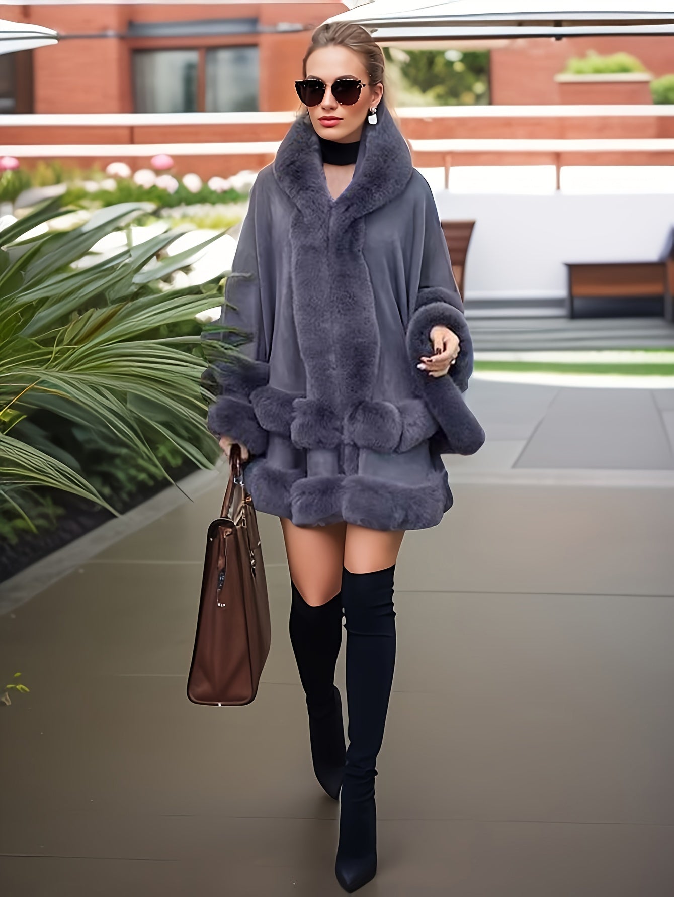 Плюс сайз накидка с капюшоном из искусственного меха однотонного цвета, осень-зима, вязанный акрил