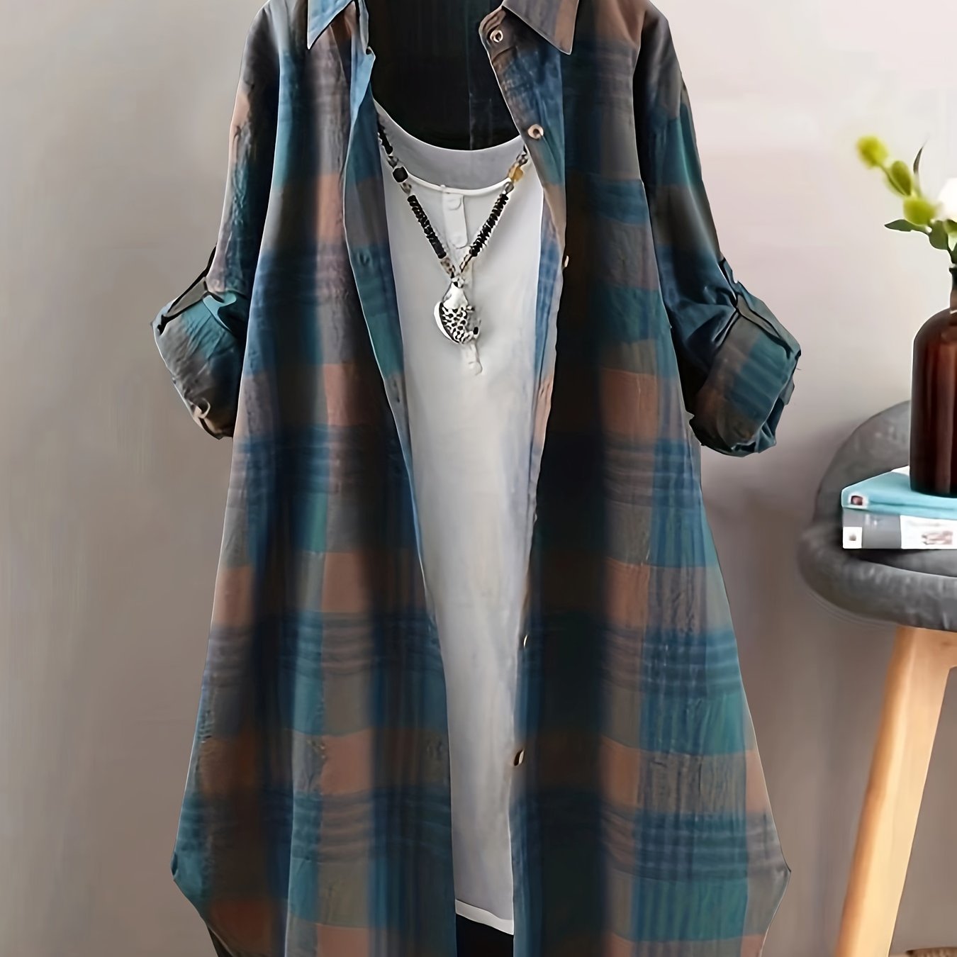 Plus Size Women's Plaid Button-Up Shirt Casual Long Sleeve Checkered Blouse Blue Brown Black