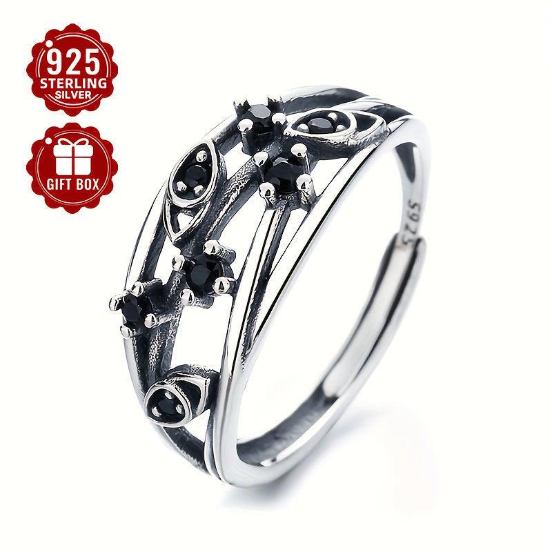 Sterling Silver Adjustable Open Band Multi-Layer Ring with Black Synthetic Zirconia