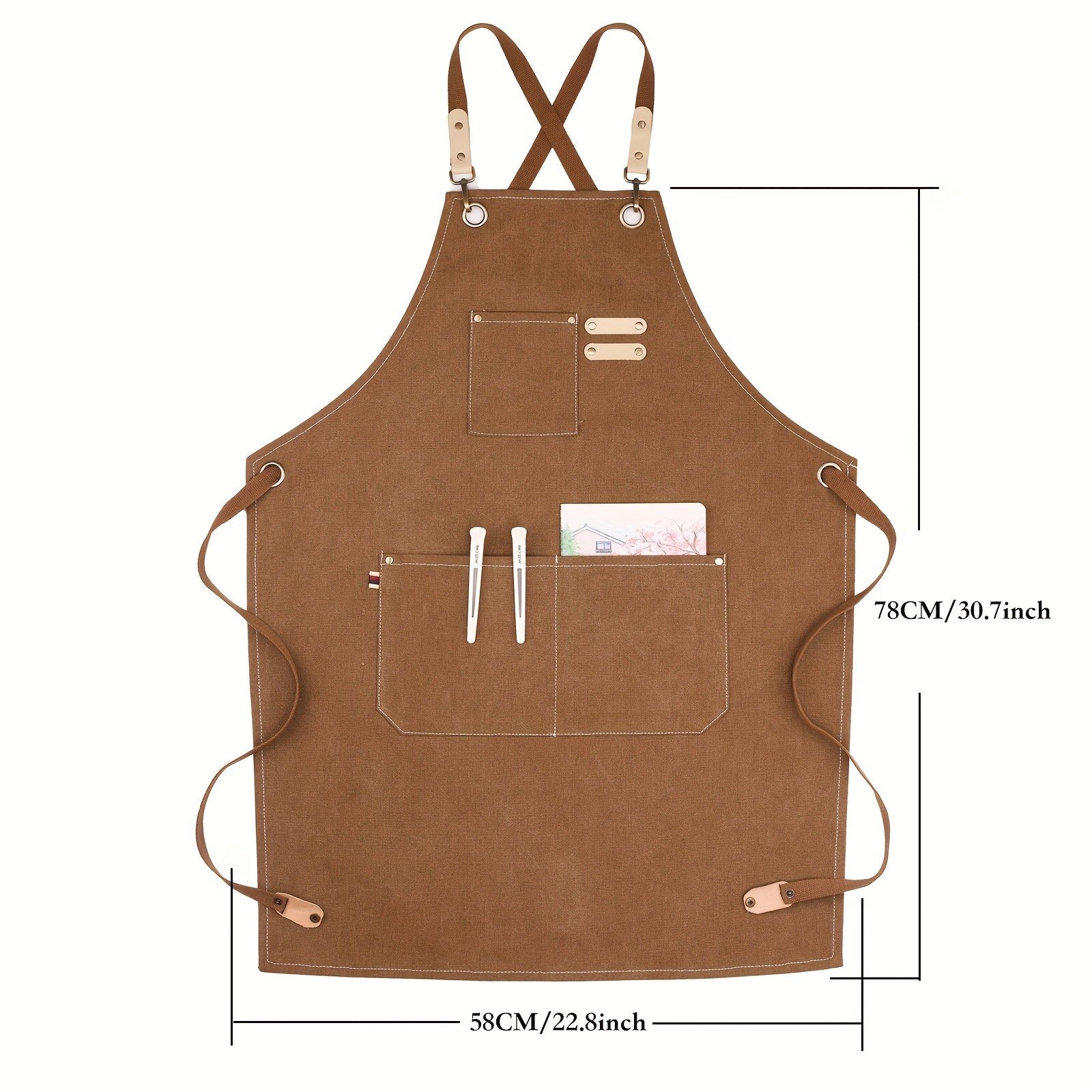 Brown Canvas Apron with Adjustable Straps and Multiple Pockets for Kitchen Use
