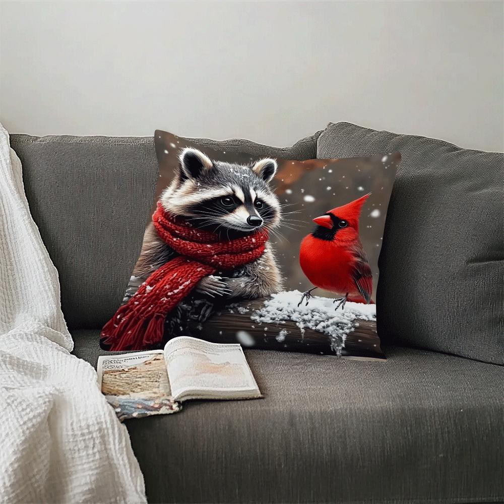 Decorative Raccoon and Cardinal Throw Pillow Cover Polyester Cartoon Style Machine Washable