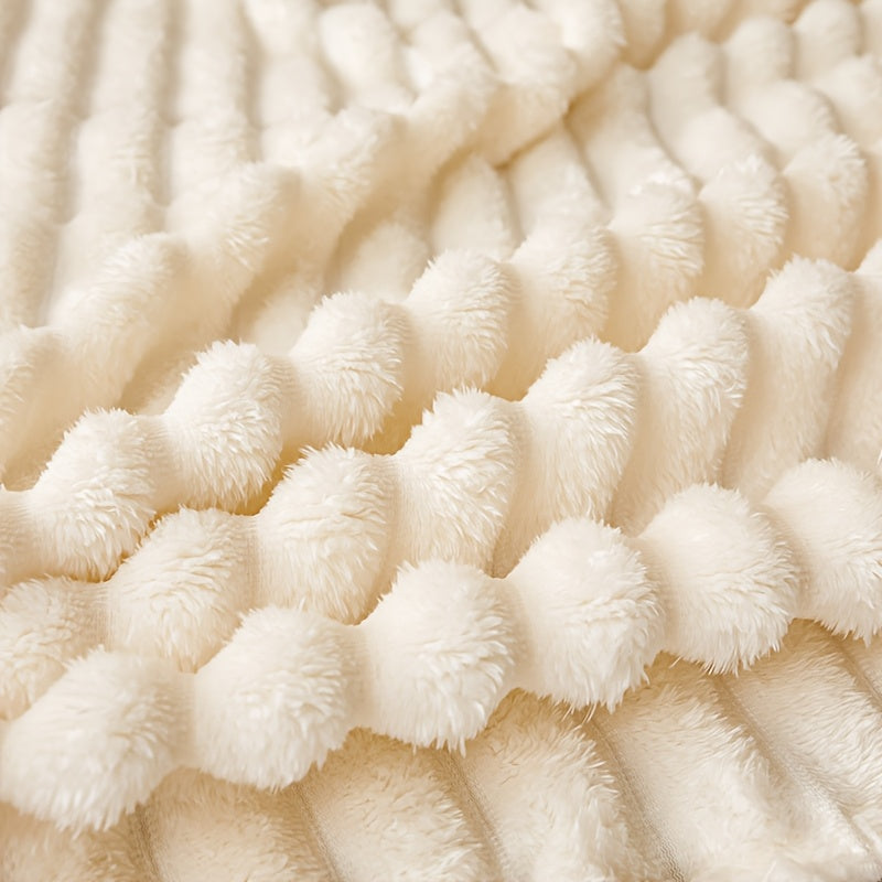 Faux Rabbit Fur Blanket Throw with Striped Flannel for Sofa Bed All-Season Comfort