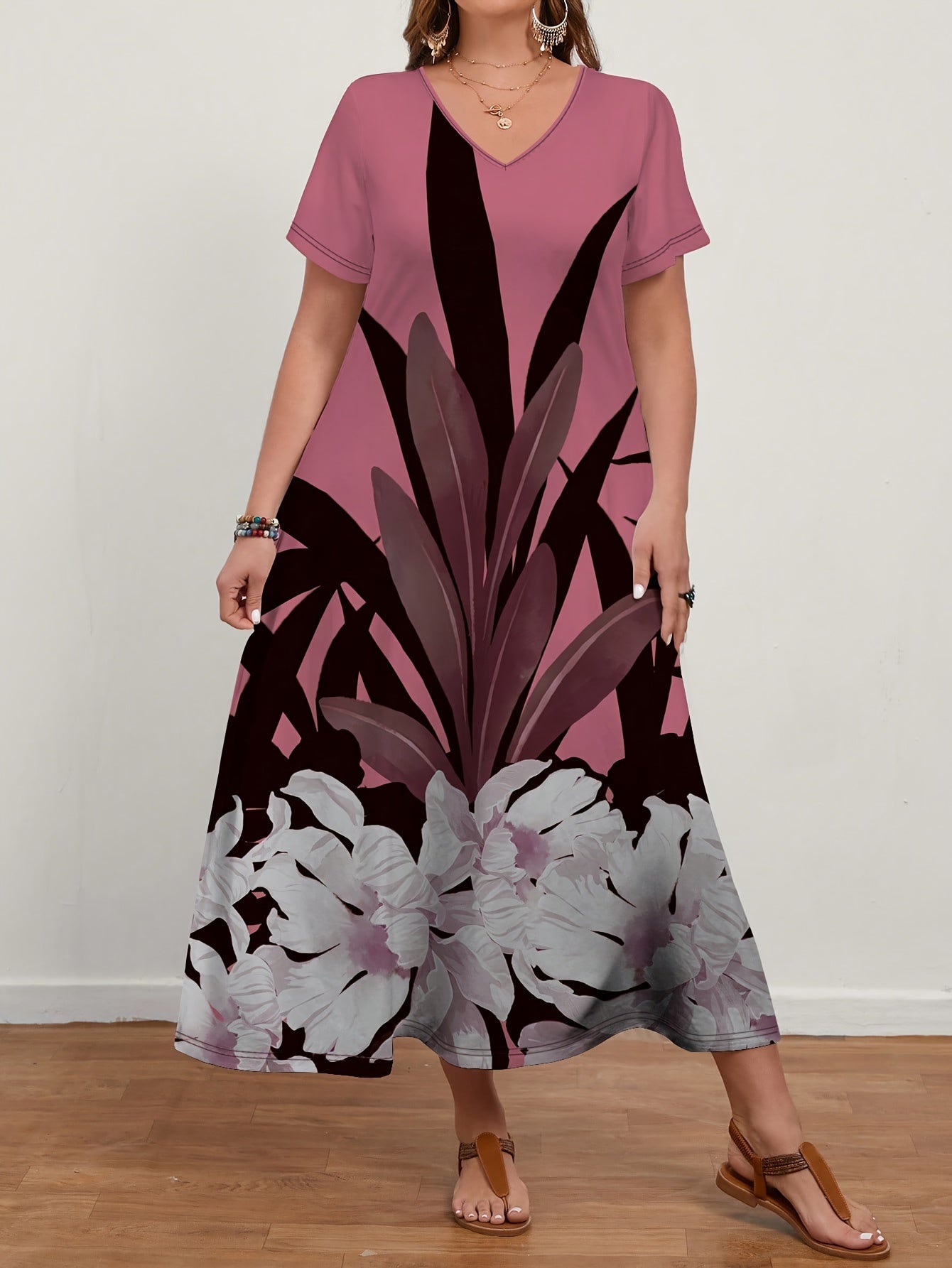 Plus Size V-Neck Dress with Plant Print Polyester Blend for Spring and Summer