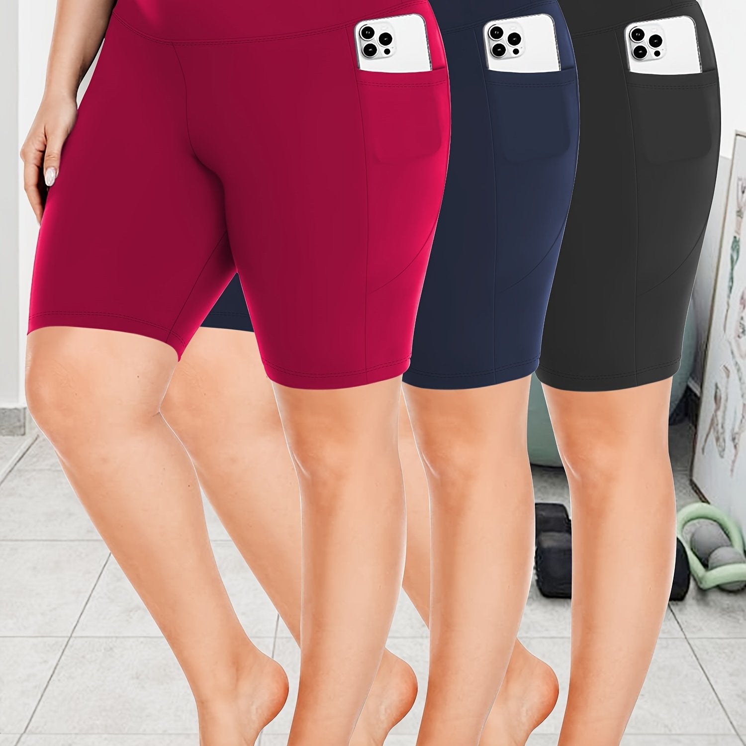 Ayollar uchun kattaroq o'lchamli yuqori belli bir rangli shortlar faoliyat kiyimlari to'plami, 3 ta