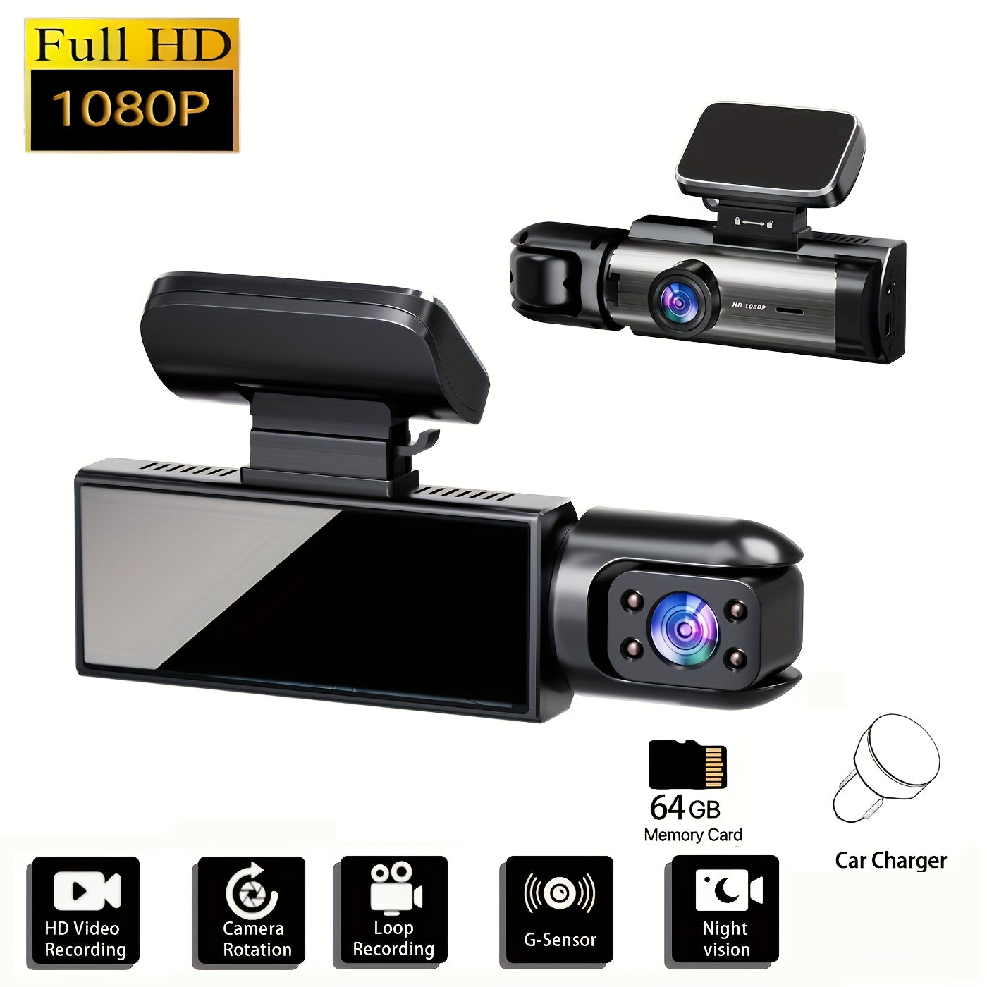 Full HD 1080P Dual-Camera Dash Cam with Night Vision Loop Recording G-Sensor and 64GB Memory Card