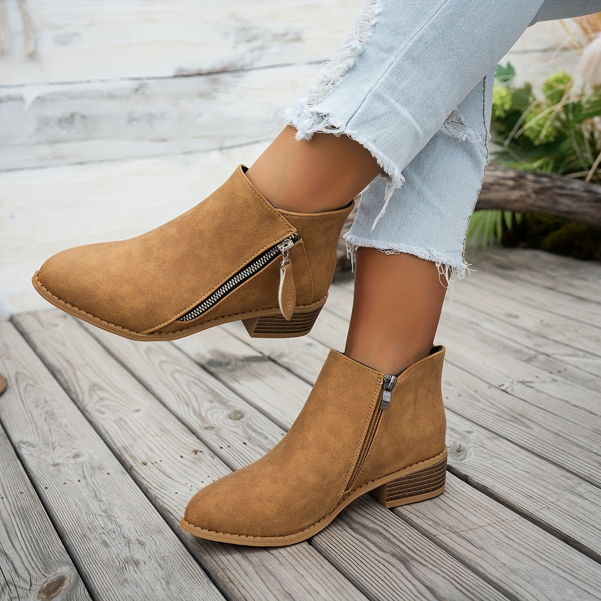 Women's Ankle Boots Pointed Toe Faux Leather Side Zipper All-Season Brown