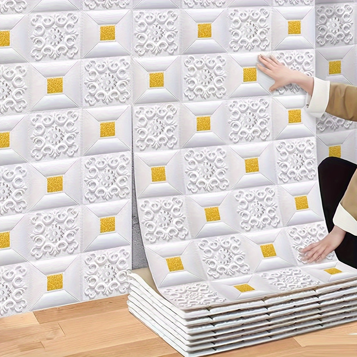 Self-Adhesive Ceiling Wallpaper 5m x 70cm Floral Geometric Grid Pattern White Gold