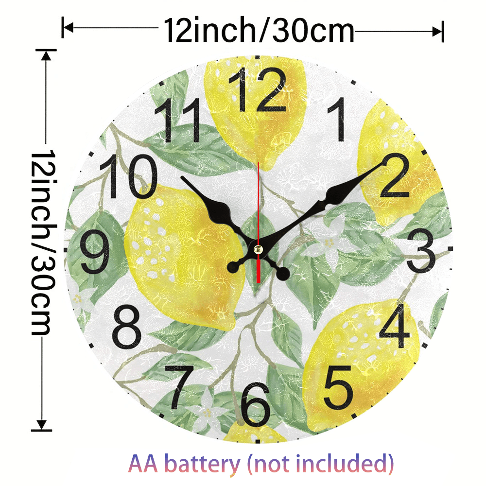 Fruit Theme Wall Clock with Golden Lemon Pattern Silent Non-Ticking Battery Operated for Living Room Kitchen Decor
