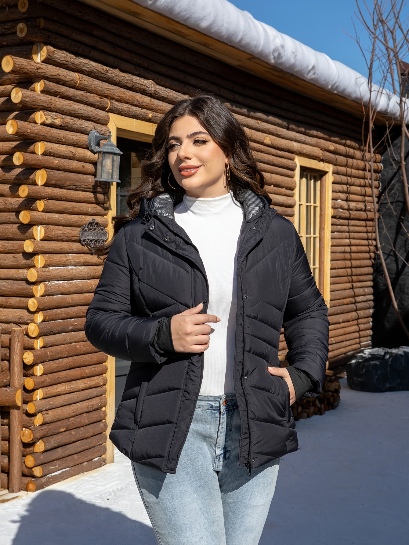 Plus Size Women's Hooded Windproof Jacket Made of 100% Polyester with Pockets for Fall Winter